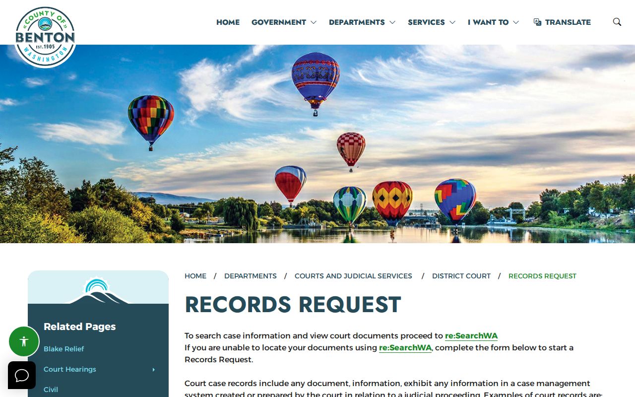 Benton District Court civil case record request fields
