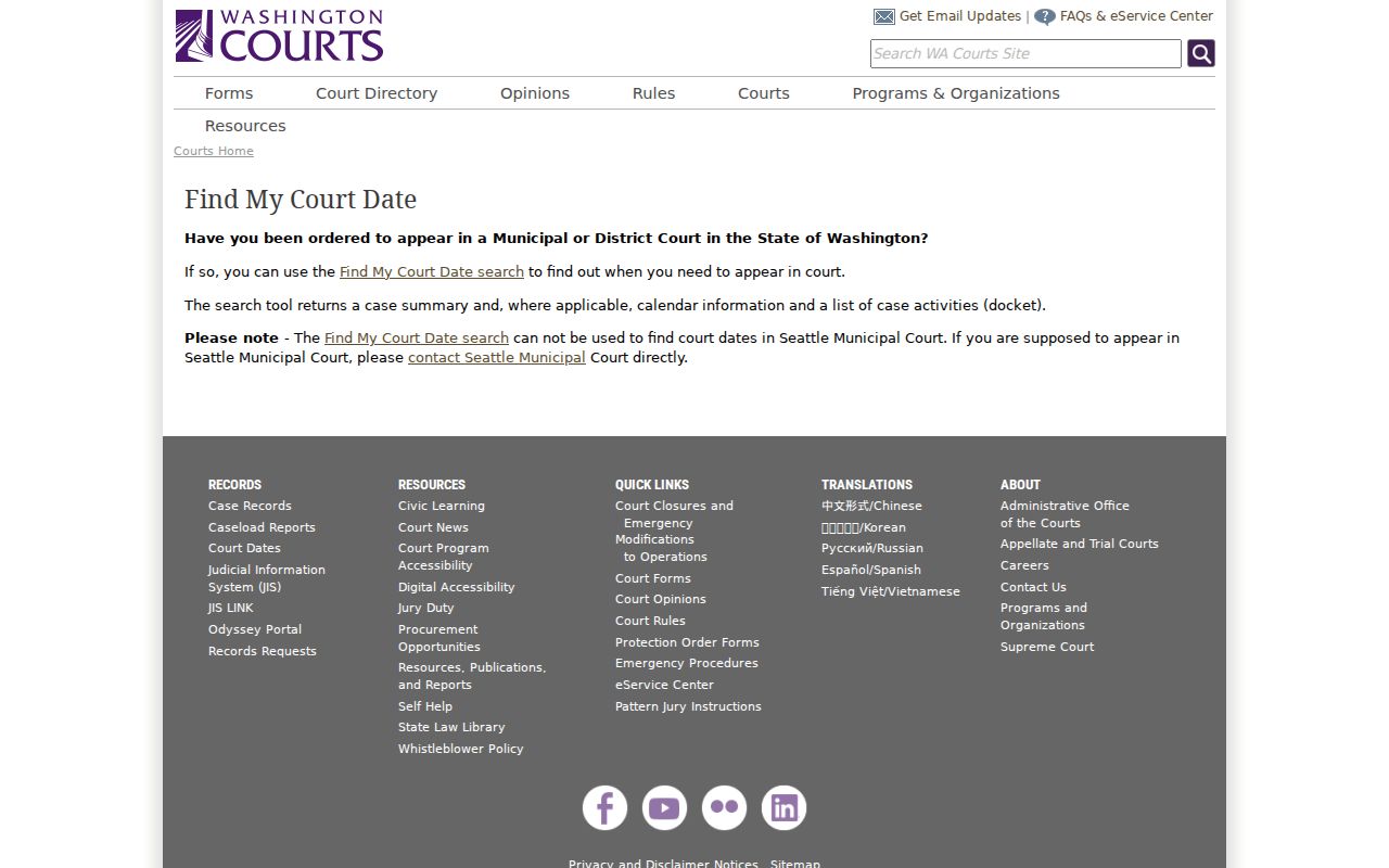 Washington Find My Court Date instructions for Benton District and municipal settings